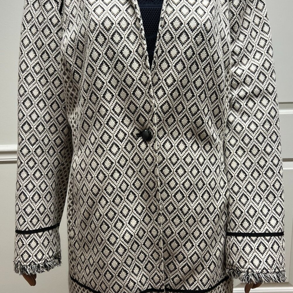 Chico's 4 Ivory, Black, and Metallic Gold with Fringe Diamond Pattern Jacket